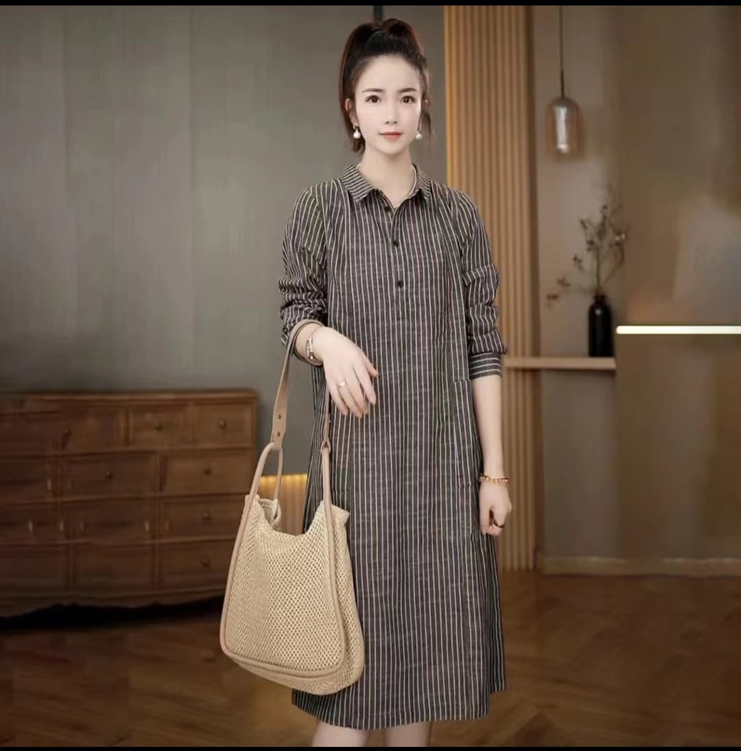 인터넷 유명인 폭발 가을 새로운 한국 스타일 레트로 스트라이프 긴팔 프랑스식 셔츠 드레스 연령 감소 슬림해 보이는 품격 드레스 상세 이미지 1
