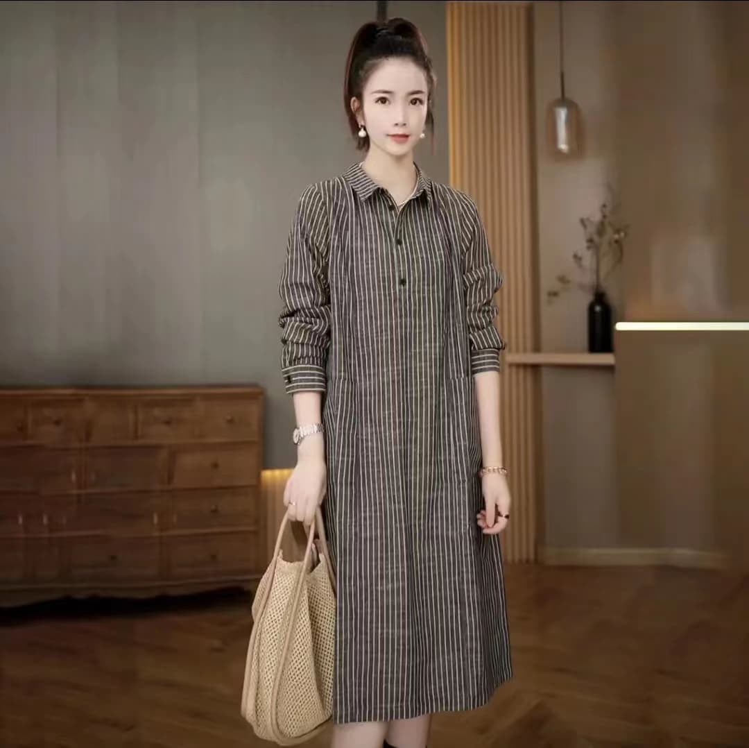 인터넷 유명인 폭발 가을 새로운 한국 스타일 레트로 스트라이프 긴팔 프랑스식 셔츠 드레스 연령 감소 슬림해 보이는 품격 드레스 상세 이미지 2