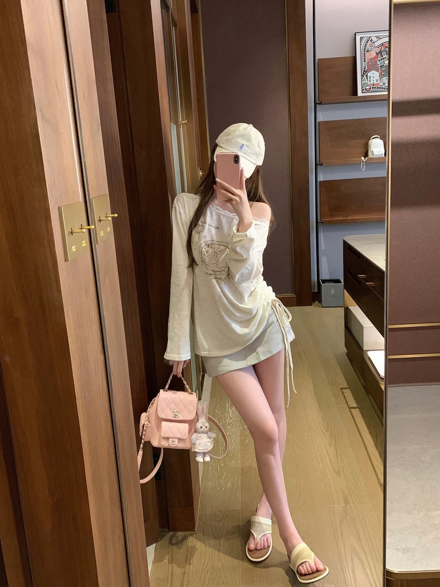 고양이 프린트 레이스 라운드 넥 자외선 차단 긴팔 티셔츠 귀여운 바람 비스듬한 어깨 루즈핏 맨위 이미지 4