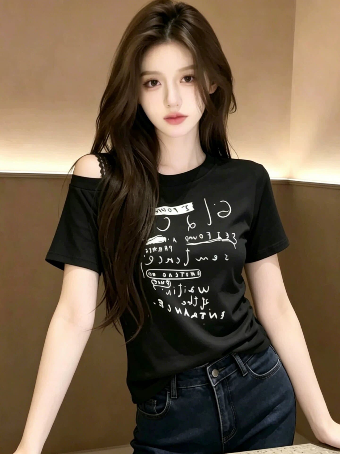 자이언트 잘 생긴 검정색 비스듬한 어깨 오프숄더 반팔 티셔츠 여성 2026 새로운 디자인 센스 고유 한 아름다운 초여름 작은 맨위 상세 이미지 5