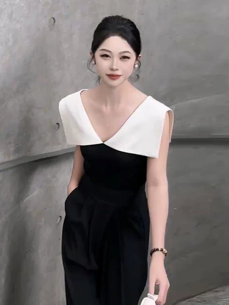 빛 럭셔리 바람 품격 고급 센스 V넥 민소매 티셔츠 여자 2026 여름 새로운 검정색 디스플레이 상세 이미지 2