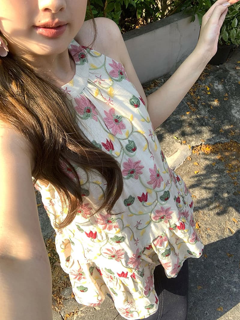 im ~까지 안개 남자 산 사쿠라 무거운 작업 자수 행침 목 슬립 여성 불규칙 프릴 루즈핏 한 마디 민소매 맨위 상세 이미지 13