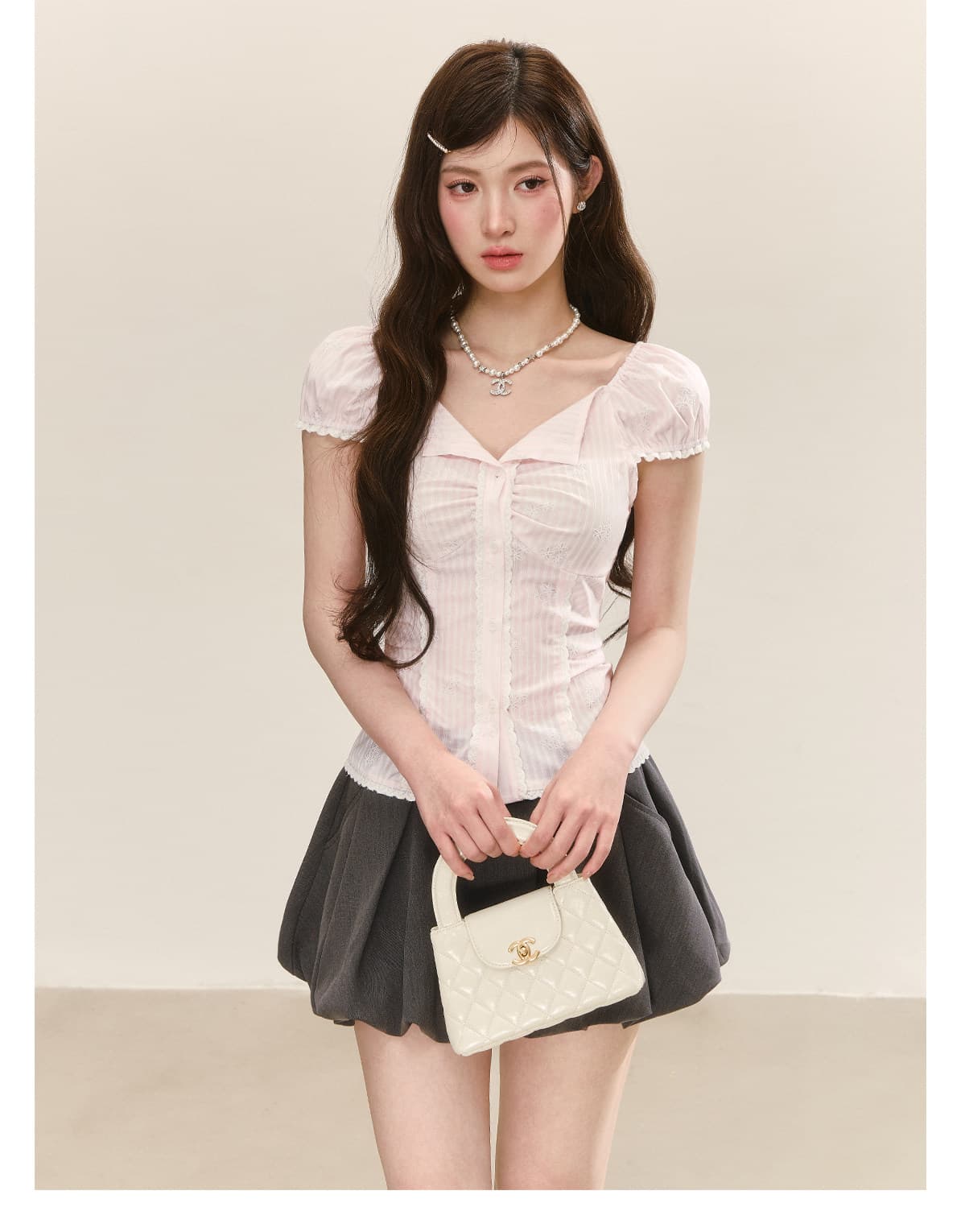 qdqd 레이스 레이스 체크무늬 반팔 셔츠 여름 새로운 슈퍼 잘 생긴 허리 수축 슬림해 보이는 거품 소매 셔츠 여성 상세 이미지 11