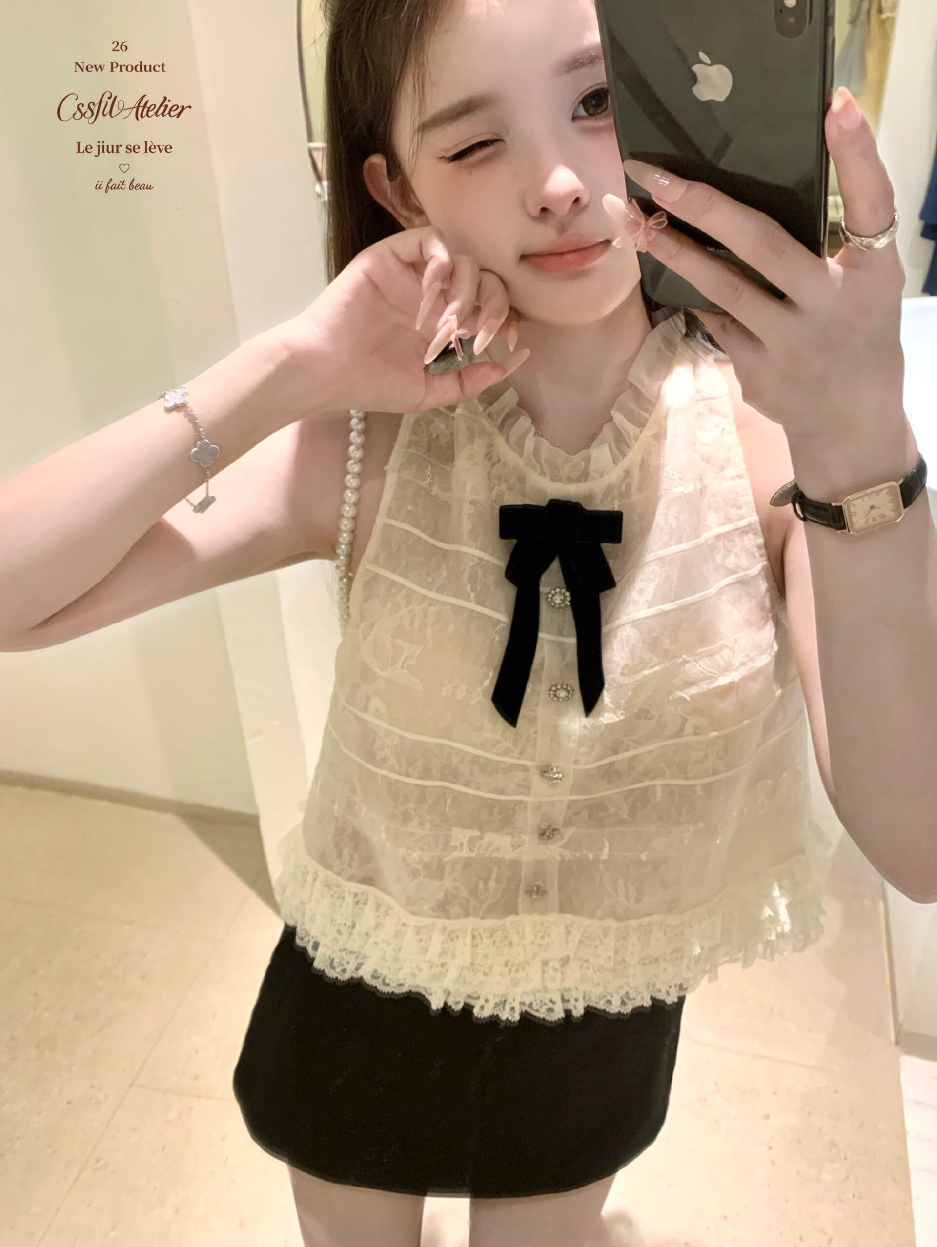 늦게 우산 우산 26ss 벨라 옷장 다중 레이어 좋은 플래시 유럽 오간자 벨벳 나비 매듭 민소매 맨위 이미지 3