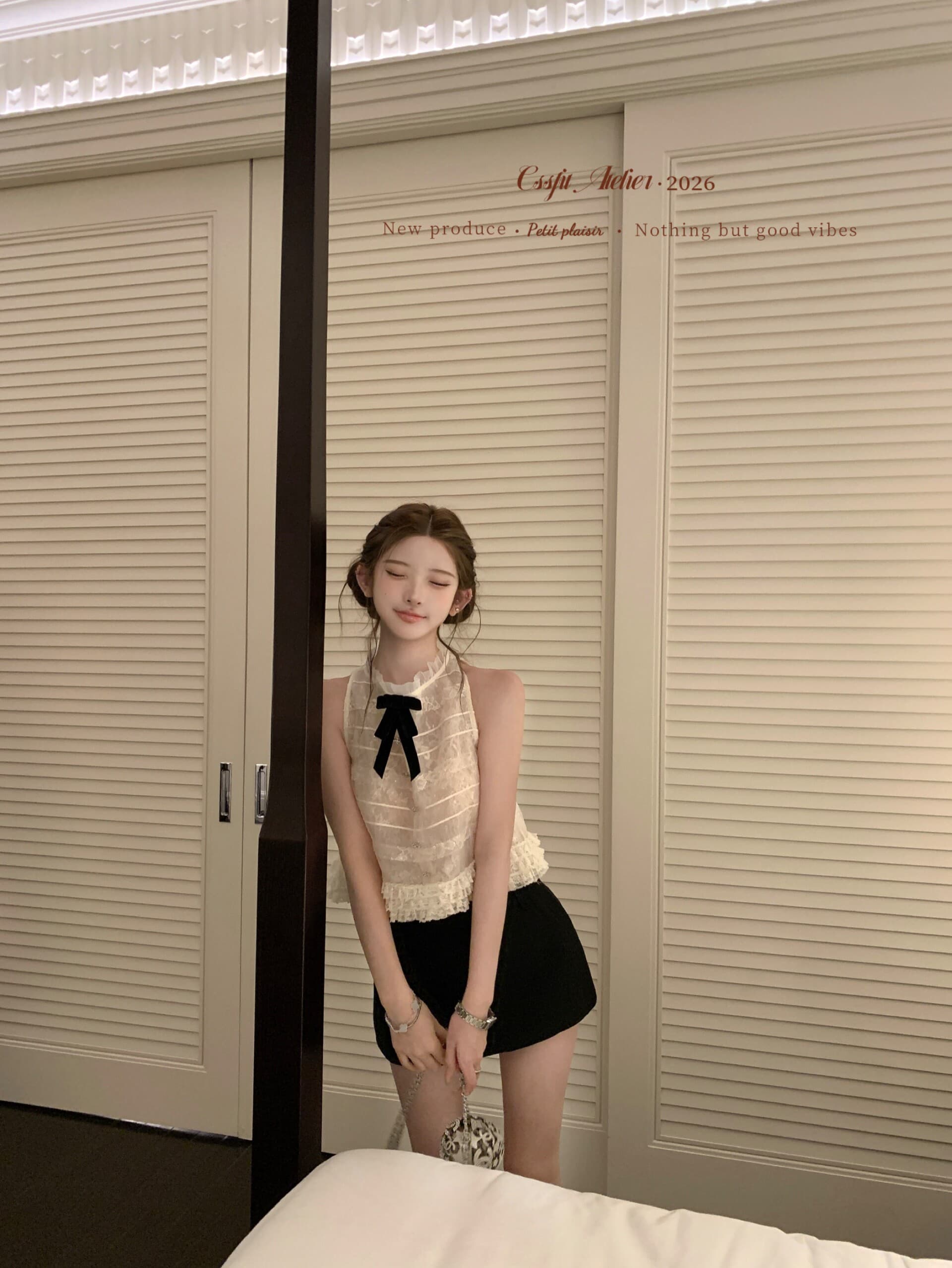 늦게 우산 우산 26ss 벨라 옷장 다중 레이어 좋은 플래시 유럽 오간자 벨벳 나비 매듭 민소매 맨위 상세 이미지 6