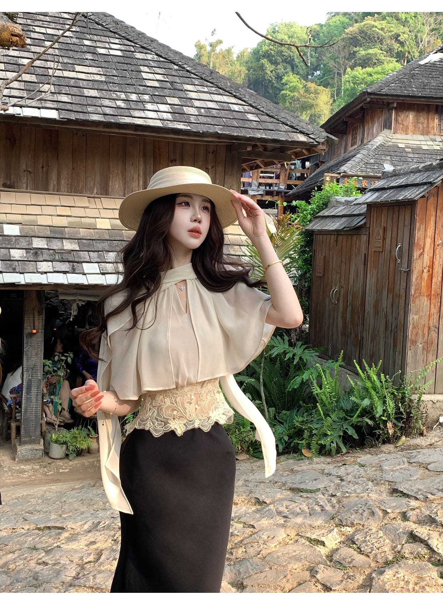 무쯔리 목자이 ~ 중 리 부드러운 외국 가스 작은 날다 소매 허리 수축 쇼트 스타일 품격 레이스 레이스 패치워크 쉬폰 톱 여성 여름 상세 이미지 13