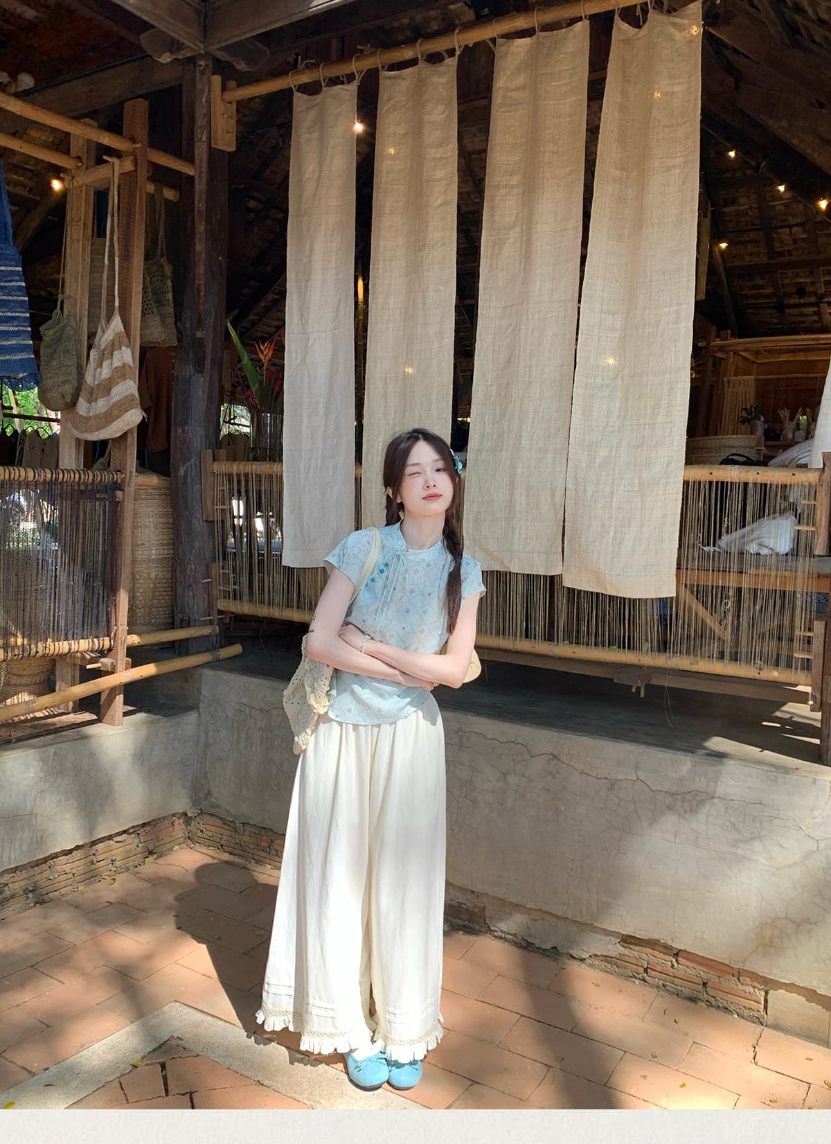mucha 나무 차 구름 계곡 녹색 원사 개선 국풍 작은 대중 새로운 중식 반팔 맨위 망사 반신 스커트 여름 세트 상세 이미지 10