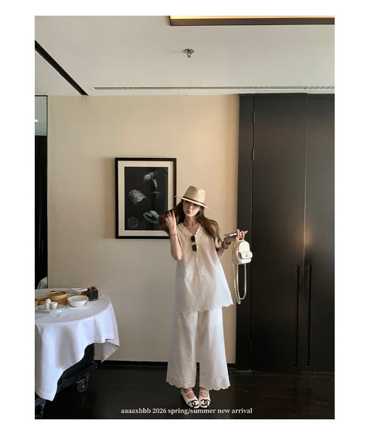 aaaaxbbb 제네바 분수 화이트 면 린넨 자수 세트 V넥 슬립 스트랩 맨위 레이스 긴 바지 상세 이미지 25