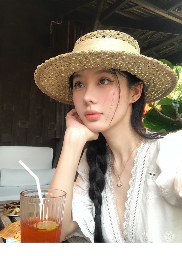 vasse 아름다움 게 화이트 면 소재 자수 레이스 나팔 소매 V넥 맨위 여성 봄 여름 허리 수축 스트랩 중간 소매 셔츠 이미지 3