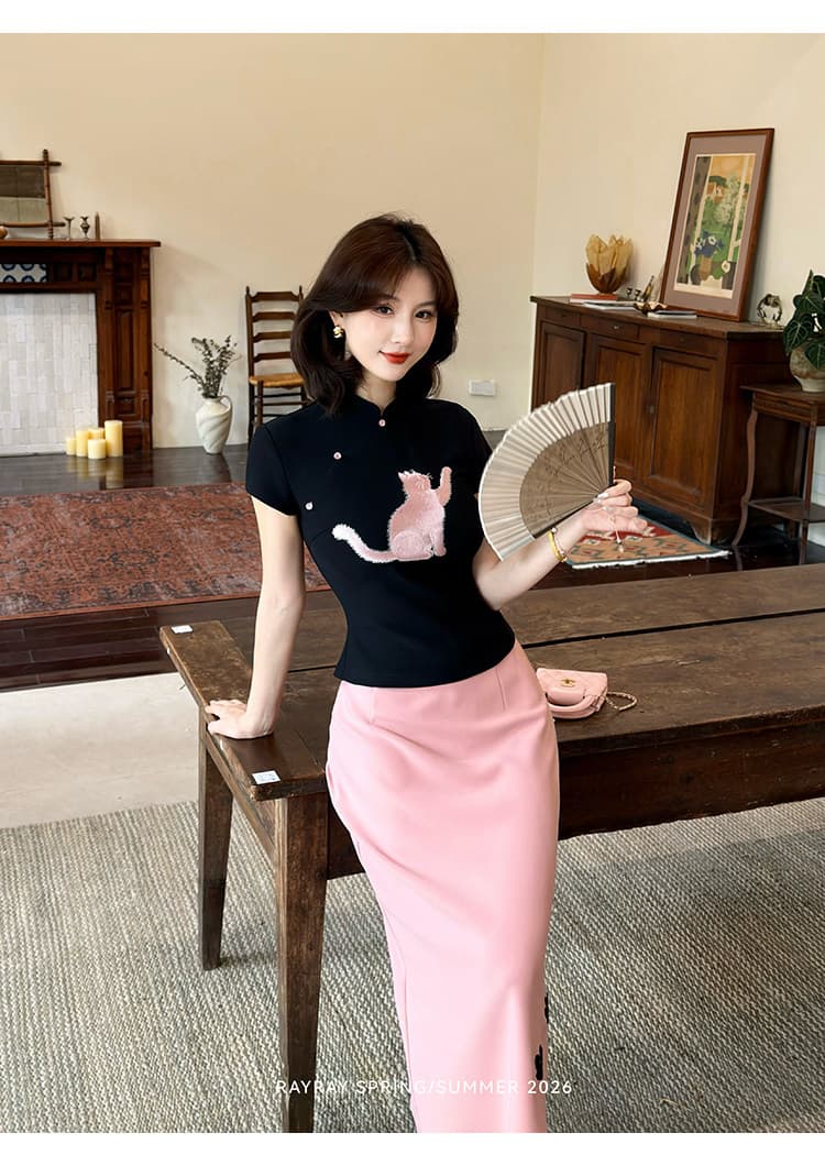 새로운 중식 국풍 새싹 잘 생긴 고양이 발톱 달콤한 사쿠라 고양이 자수 세트 여성 치파오 맨위 타이트 스커트 반신 스커트 상세 이미지 19