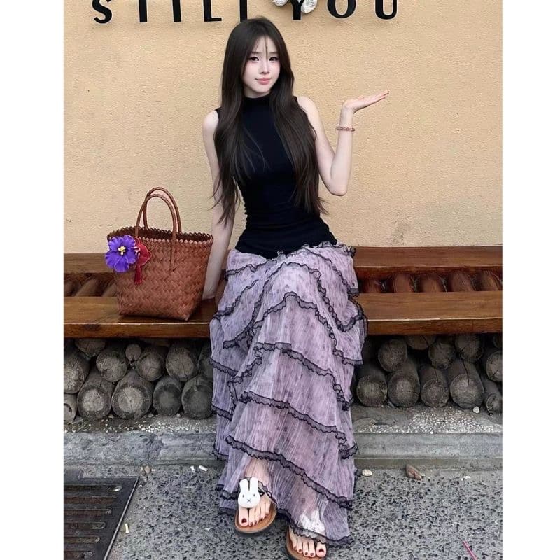 2026 여름 검정색 민소매 맨위 프랑스식 보라색 플리츠 망사 반신 스커트 a 어린이 치마 세트 상세 이미지 2