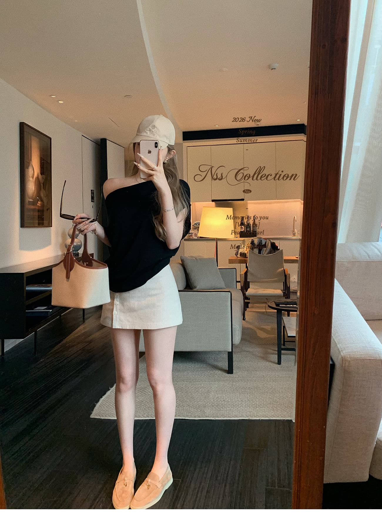 한 부서 새로운 여성 의류 외국 가스 세련된 품격 느긋한 바람 착용 가져 가라. 루즈핏 오프숄더 맨위 슬림해 보이는 미니 스커트 세트 상세 이미지 11