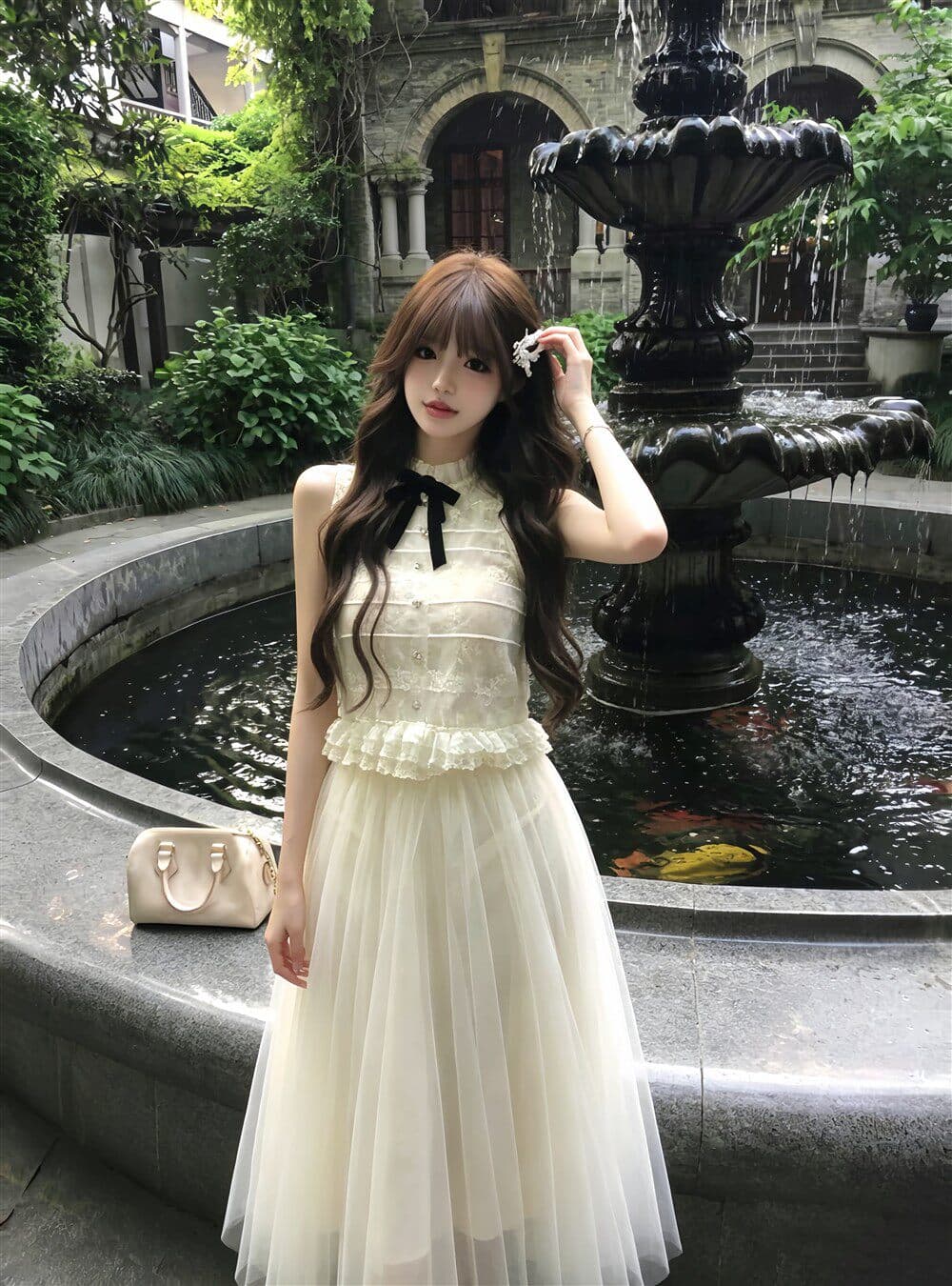 품격 전체 집합 ootd 착용 가져 가라. 천 금빛 바람 디자인 센스 레이스 민소매 맨위 반 스커트 투피스 슈트 2026 여름