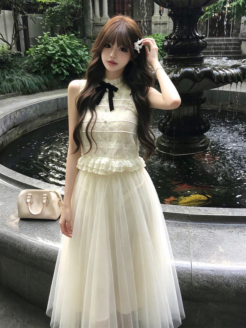 품격 전체 집합 ootd 착용 가져 가라. 천 금빛 바람 디자인 센스 레이스 민소매 맨위 반 스커트 투피스 슈트 2026 여름 상세 이미지 15