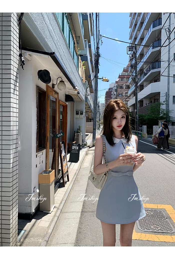 jmshop 윈저 미스 tr 사선 무늬 웨스트 로드 중 베이비 칼라 여성 드레스 허리 수축 슬림해 보이는 민소매 조끼 스커트