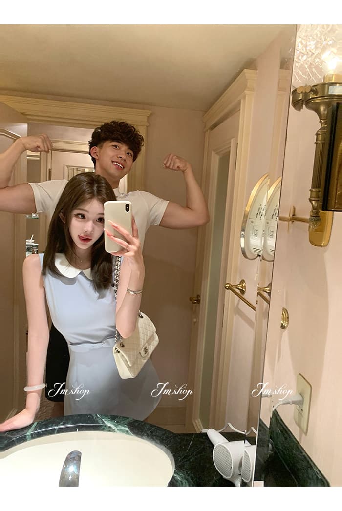 jmshop 윈저 미스 tr 사선 무늬 웨스트 로드 중 베이비 칼라 여성 드레스 허리 수축 슬림해 보이는 민소매 조끼 스커트 이미지 3