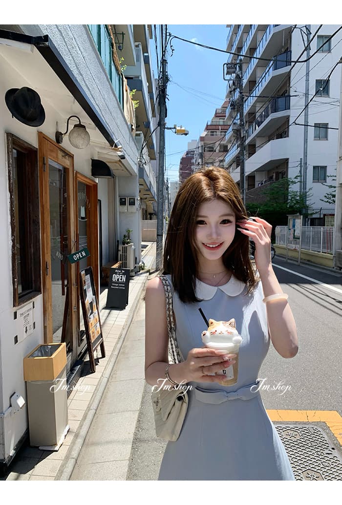 jmshop 윈저 미스 tr 사선 무늬 웨스트 로드 중 베이비 칼라 여성 드레스 허리 수축 슬림해 보이는 민소매 조끼 스커트 이미지 4