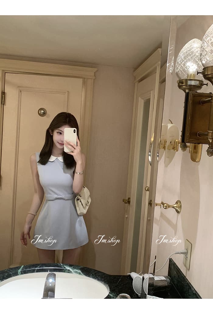 jmshop 윈저 미스 tr 사선 무늬 웨스트 로드 중 베이비 칼라 여성 드레스 허리 수축 슬림해 보이는 민소매 조끼 스커트 상세 이미지 10
