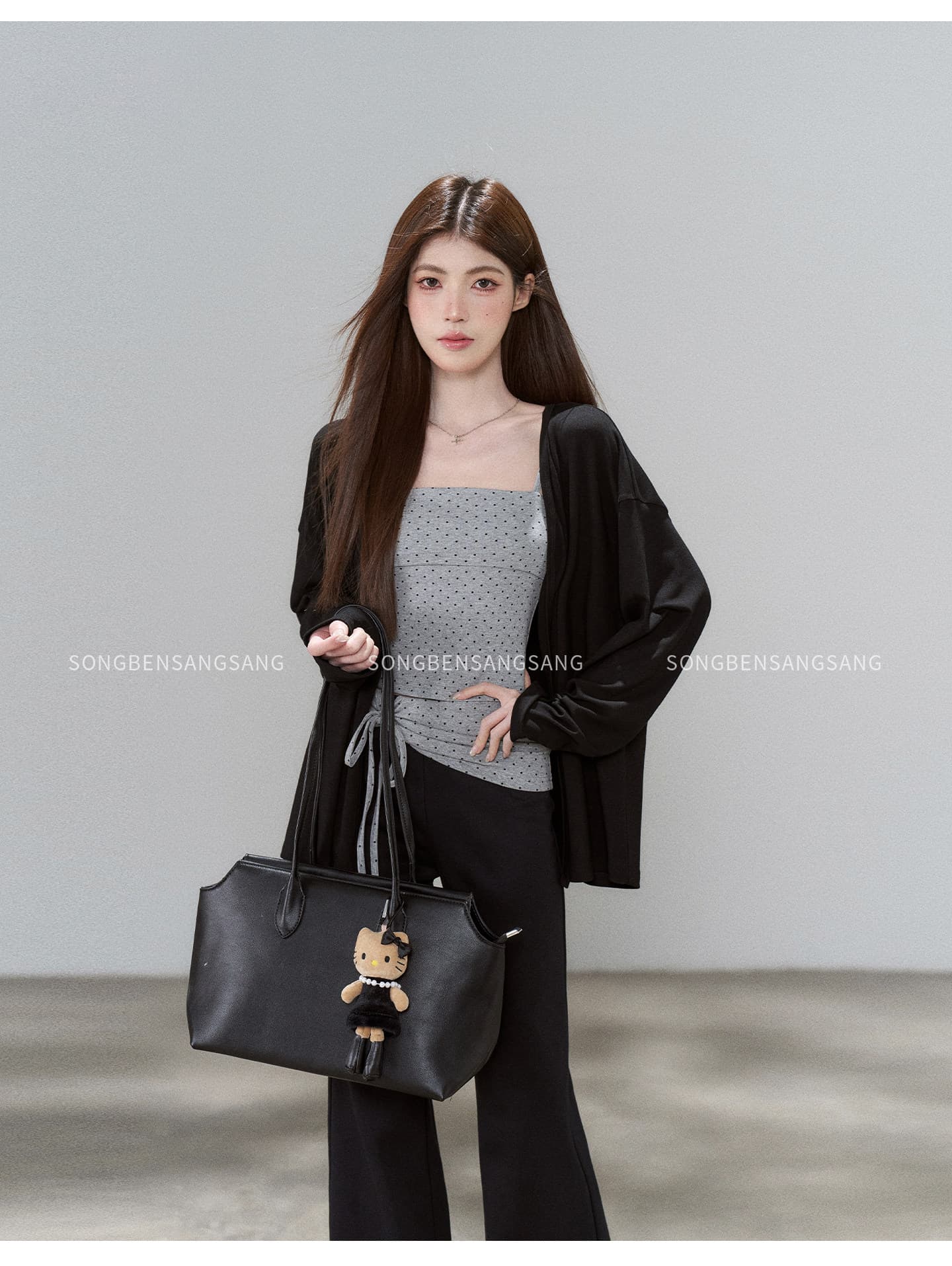 마츠모토 애도 애도 검정색 오픈 가디건 도트 무늬 슬립 높은 허리 바지 세 조각 여성 세트 가을 몸매 가꾸기 출퇴근 캐주얼 세트 이미지 2