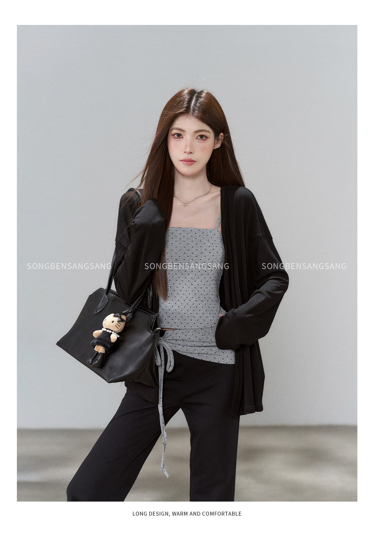 마츠모토 애도 애도 검정색 오픈 가디건 도트 무늬 슬립 높은 허리 바지 세 조각 여성 세트 가을 몸매 가꾸기 출퇴근 캐주얼 세트 상세 이미지 17