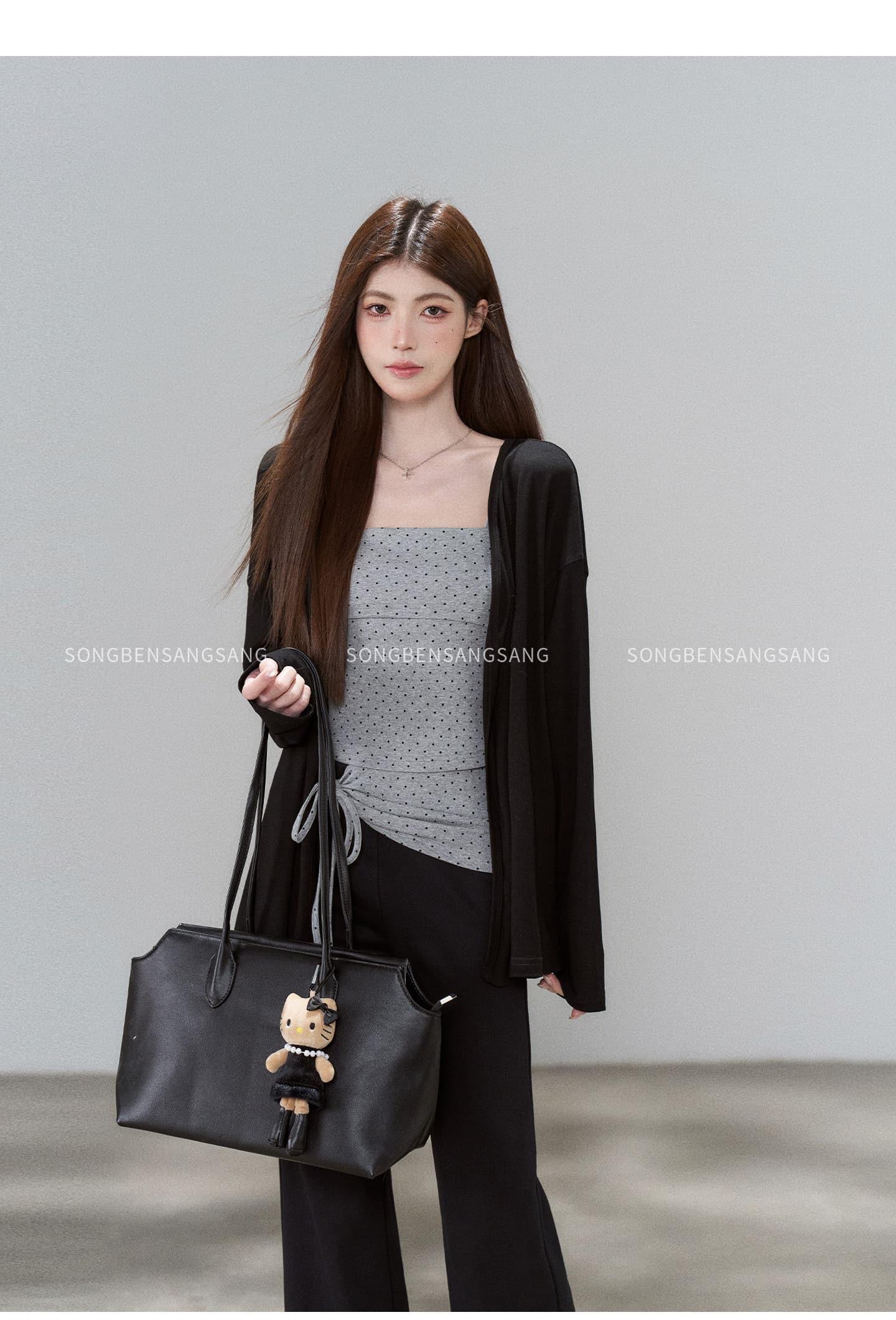 마츠모토 애도 애도 검정색 오픈 가디건 도트 무늬 슬립 높은 허리 바지 세 조각 여성 세트 가을 몸매 가꾸기 출퇴근 캐주얼 세트 상세 이미지 21