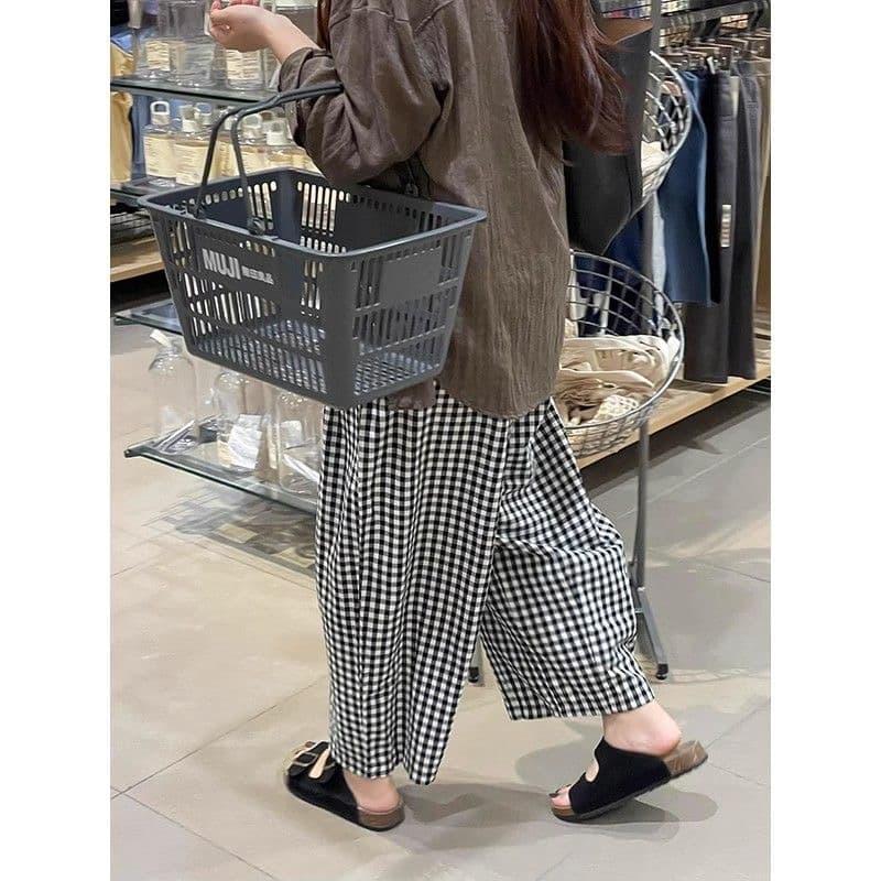 한 부서 흑인과 백인 체크무늬 바지 순면 지방 mm 넓은 다리 작은 키 캐주얼 바지 체크무늬 통기성 느긋한 느슨함 센스 바지 이미지 5