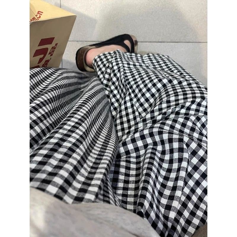 한 부서 흑인과 백인 체크무늬 바지 순면 지방 mm 넓은 다리 작은 키 캐주얼 바지 체크무늬 통기성 느긋한 느슨함 센스 바지 상세 이미지 5