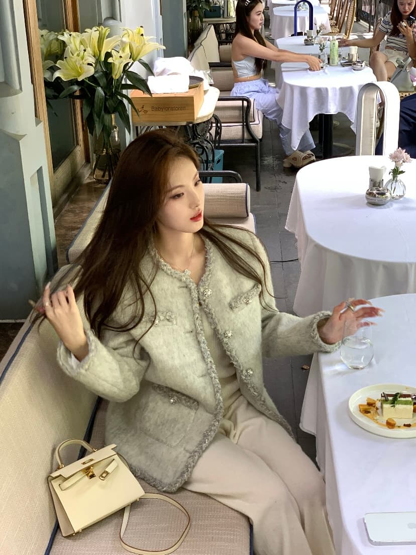 작은 샤넬 스타일 여성 코트 가을 착용 가져 가라. 고급 센스 명문 여성 라운드 넥 싱글 줄 버튼 재킷 오픈 가디건 양모 맨위 상세 이미지 1