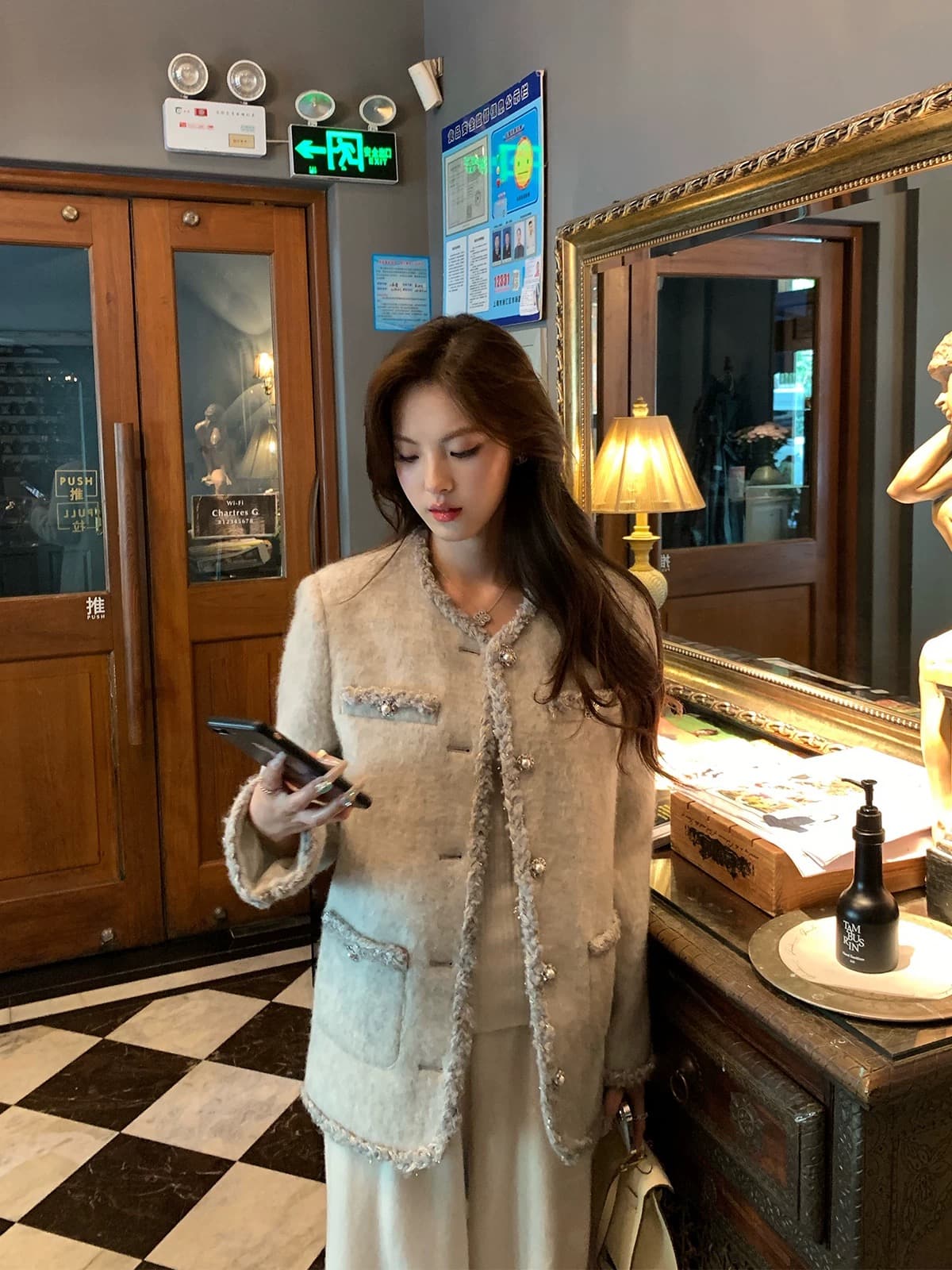 작은 샤넬 스타일 여성 코트 가을 착용 가져 가라. 고급 센스 명문 여성 라운드 넥 싱글 줄 버튼 재킷 오픈 가디건 양모 맨위 상세 이미지 4