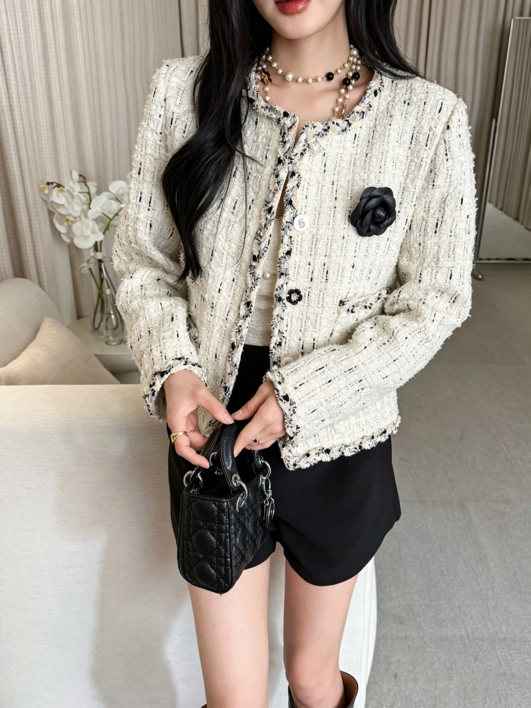 프랑스식 작은 샤넬 스타일 짧은 여성 코트 트위드 짜임 줄무늬 레이스 동백 나무 장식품 명문 여성 바람 가을 의상 맨위 이미지 2