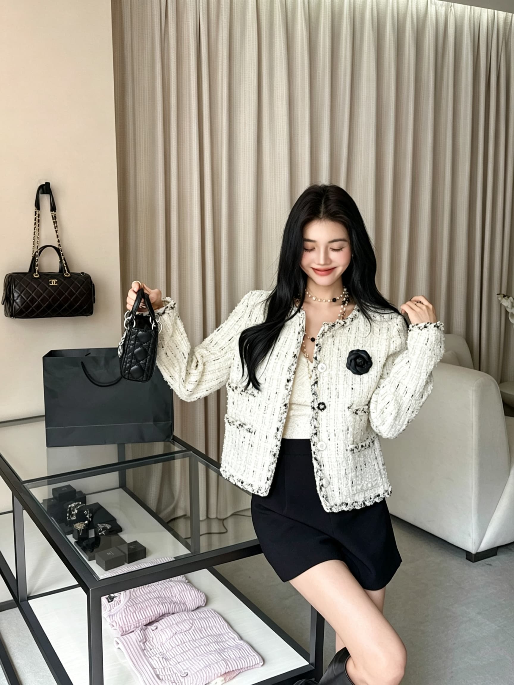 프랑스식 작은 샤넬 스타일 짧은 여성 코트 트위드 짜임 줄무늬 레이스 동백 나무 장식품 명문 여성 바람 가을 의상 맨위 이미지 4