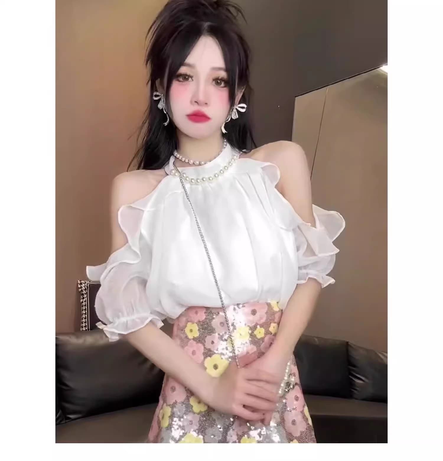 순수한 욕망 바람 무거운 작업 비즈 박기 오프숄더 셔츠 여성 여름 프랑스식 고급 센스 Chic 아름다운 반팔 셔츠 작은 맨위 상세 이미지 5