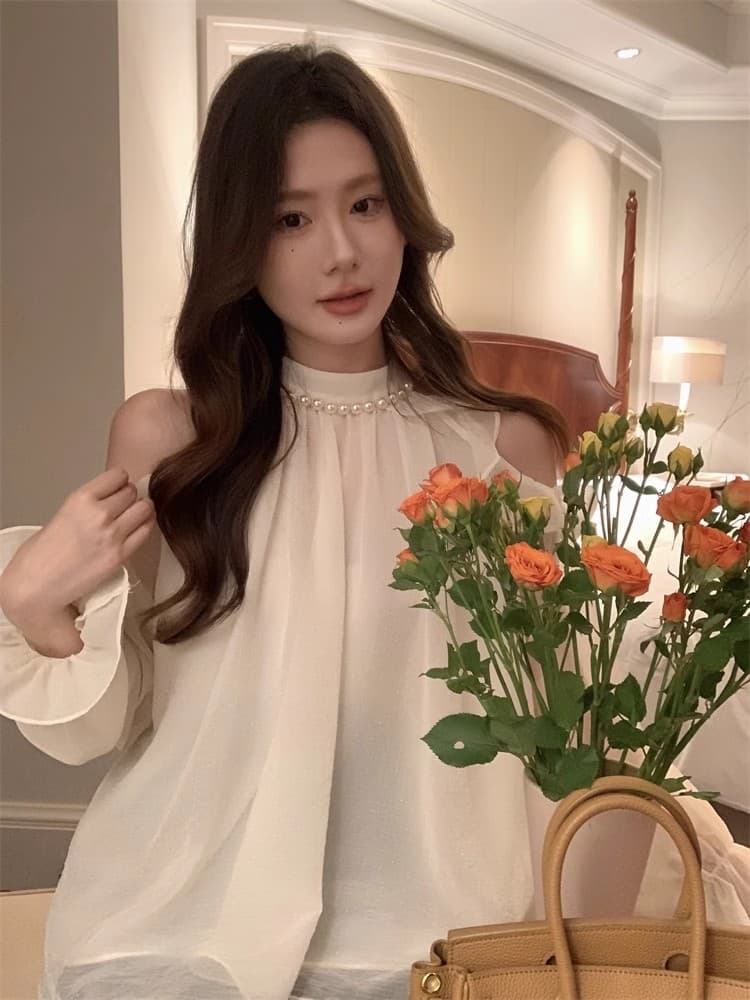 봄 드레스 새로운 프랑스식 작은 샤넬 스타일 오프숄더 쉬폰 톱 여성 디자인 센스 작은 대중 외국 가스 라운드 넥 셔츠 이미지 2