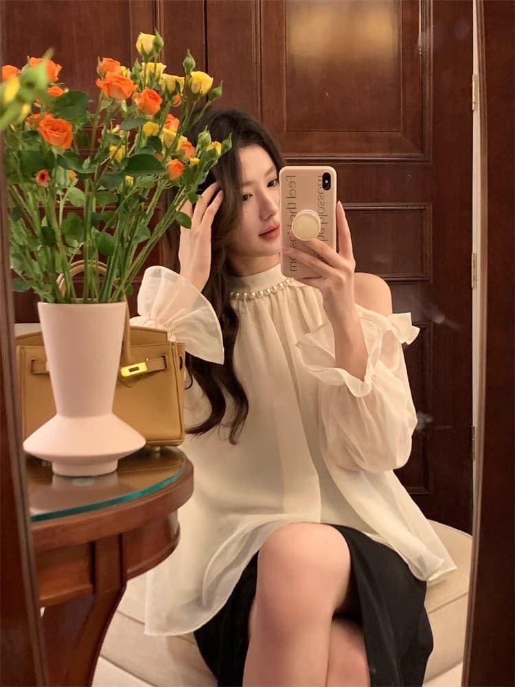 봄 드레스 새로운 프랑스식 작은 샤넬 스타일 오프숄더 쉬폰 톱 여성 디자인 센스 작은 대중 외국 가스 라운드 넥 셔츠 상세 이미지 6