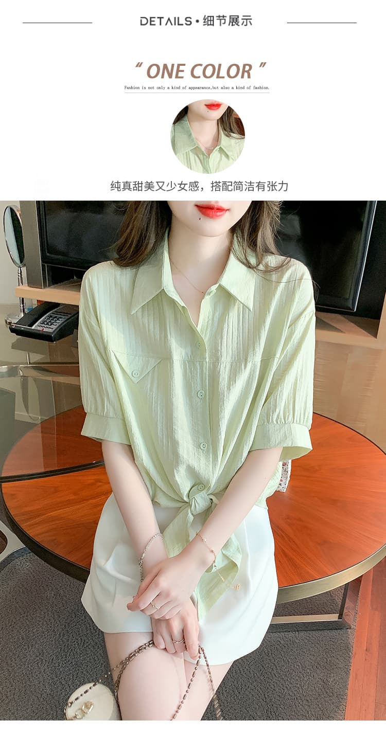 프랑스식 POLO 칼라 품격 다용도 고급 센스 레이스업 나비 매듭 Chic 반팔 여성 셔츠 여름 새로운 맨위 상세 이미지 3