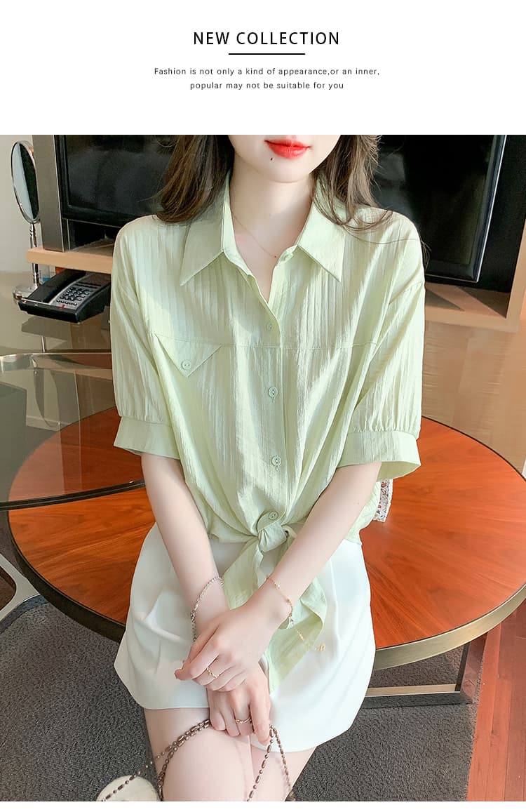 프랑스식 POLO 칼라 품격 다용도 고급 센스 레이스업 나비 매듭 Chic 반팔 여성 셔츠 여름 새로운 맨위 상세 이미지 14