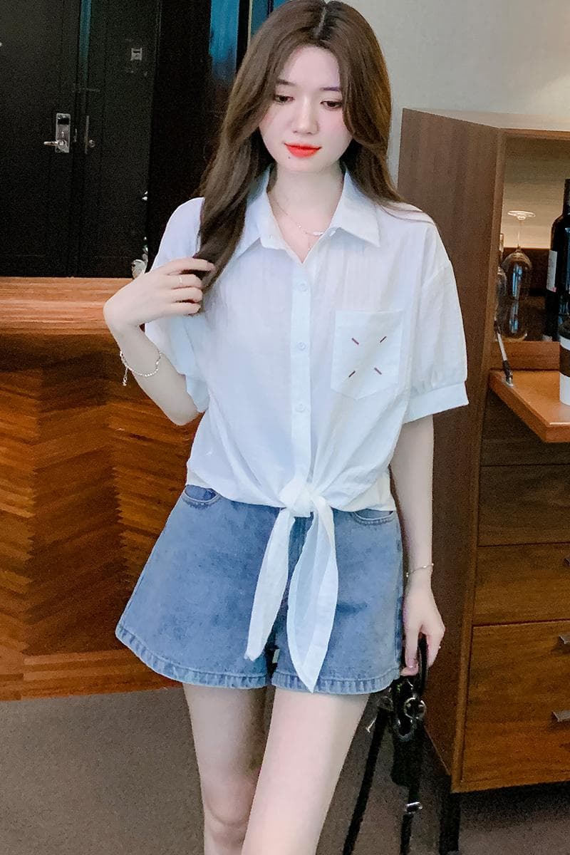 밑단 매듭이 달린 쉬폰 여성 셔츠 여름 새로운 패션 외국 가스 연령 감소 반팔 셔츠 쇼트 스타일 작은 셔츠 이미지 2