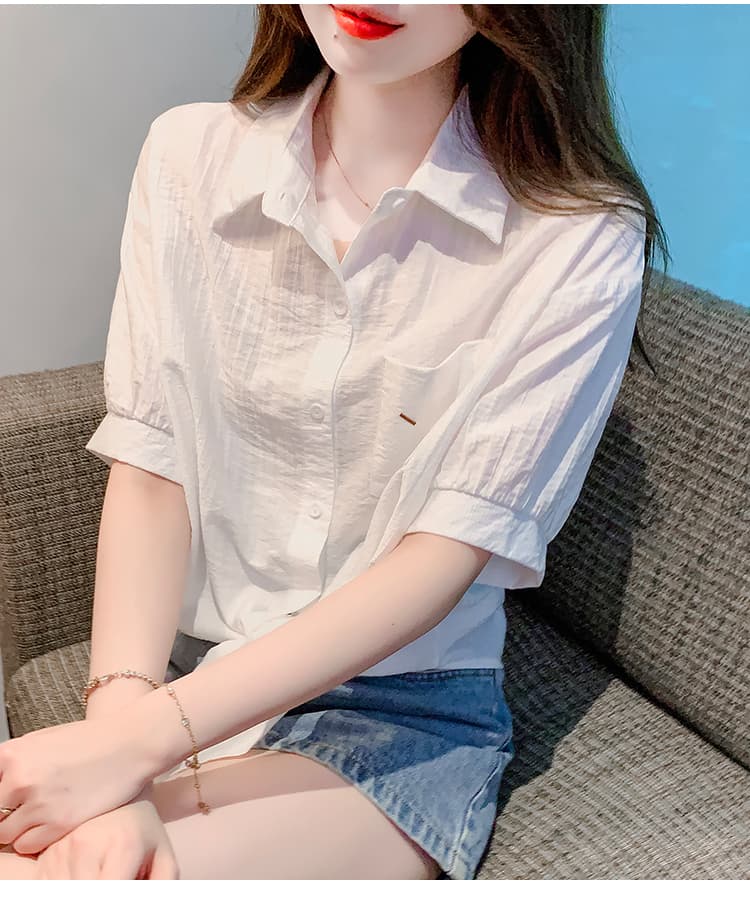 밑단 매듭이 달린 쉬폰 여성 셔츠 여름 새로운 패션 외국 가스 연령 감소 반팔 셔츠 쇼트 스타일 작은 셔츠 상세 이미지 16