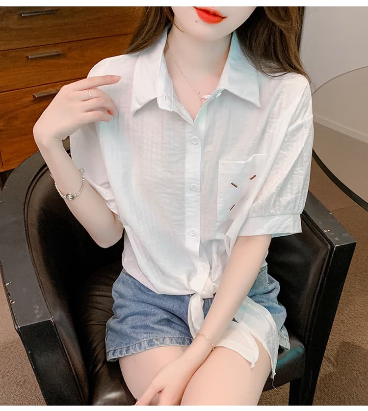밑단 매듭이 달린 쉬폰 여성 셔츠 여름 새로운 패션 외국 가스 연령 감소 반팔 셔츠 쇼트 스타일 작은 셔츠 상세 이미지 18