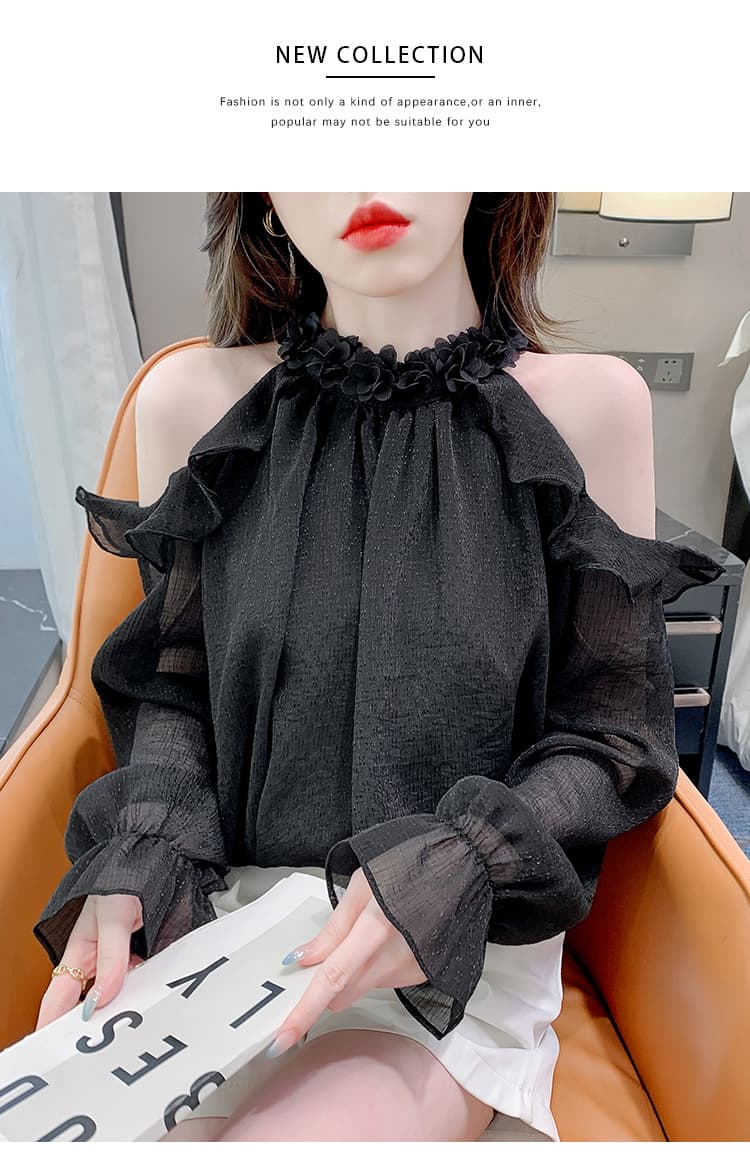 프랑스식 꽃 행침 목 긴팔 쉬폰 셔츠 여성 의류 이른 가을 새로운 패션 오프숄더 루즈핏 아름다운 작은 셔츠 맨위 상세 이미지 13