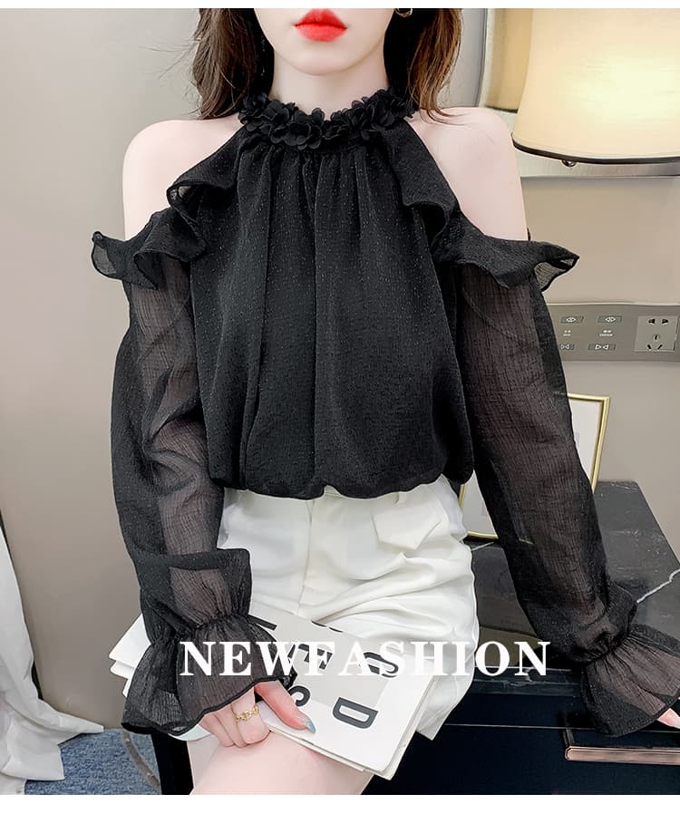 프랑스식 꽃 행침 목 긴팔 쉬폰 셔츠 여성 의류 이른 가을 새로운 패션 오프숄더 루즈핏 아름다운 작은 셔츠 맨위 상세 이미지 14