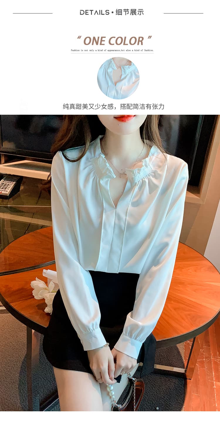 프랑스식 고급 센스 흰 셔츠 여성 긴 소매 봄 새로운 디자인 센스 V넥 쉬폰 톱 출퇴근 경력 상세 이미지 3