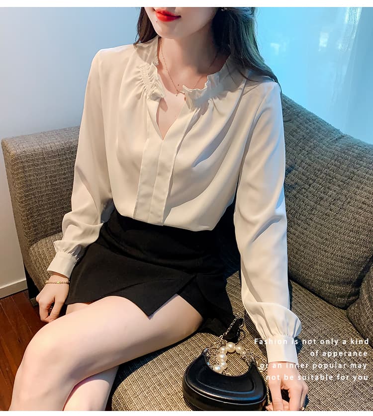 프랑스식 고급 센스 흰 셔츠 여성 긴 소매 봄 새로운 디자인 센스 V넥 쉬폰 톱 출퇴근 경력 상세 이미지 18