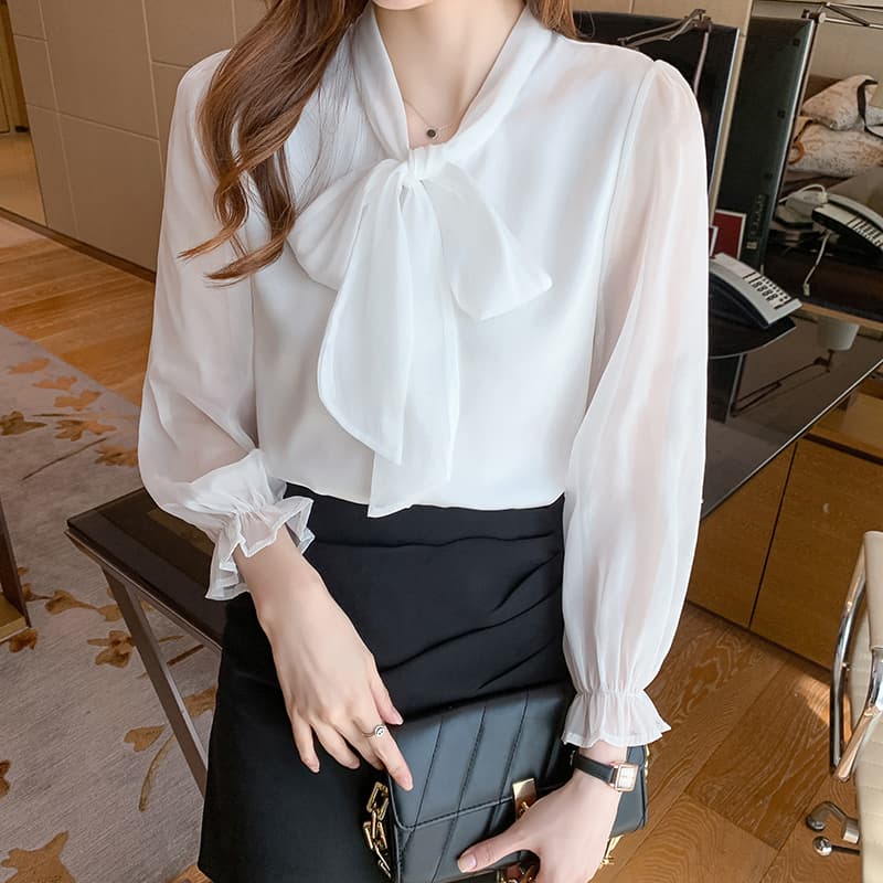 나비 매듭 리본 쉬폰 여성 셔츠 봄 새로운 경력 품격 긴팔 셔츠 Chic 작은 대중 맨위 이미지 4
