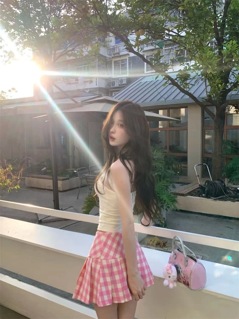 실사 아메리칸 레트로 핑크색 소녀 체크무늬 반신 스커트 여성 여름 프린트 레이스 조각 튜브탑 투피스 세트 트렌디 상세 이미지 4