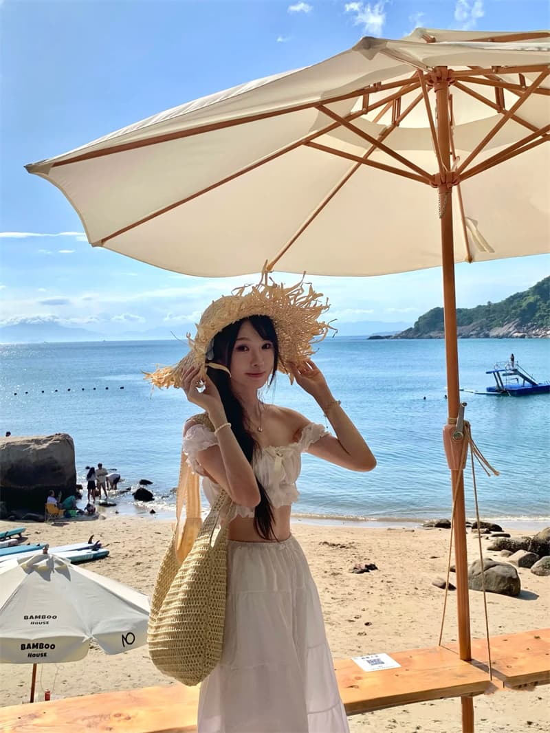 실사 해변가 휴가 화이트 튜브탑 거품 소매 분리형 반신 치마 세트 자이언트 잘 생긴 하얀 달빛 해변 상세 이미지 8