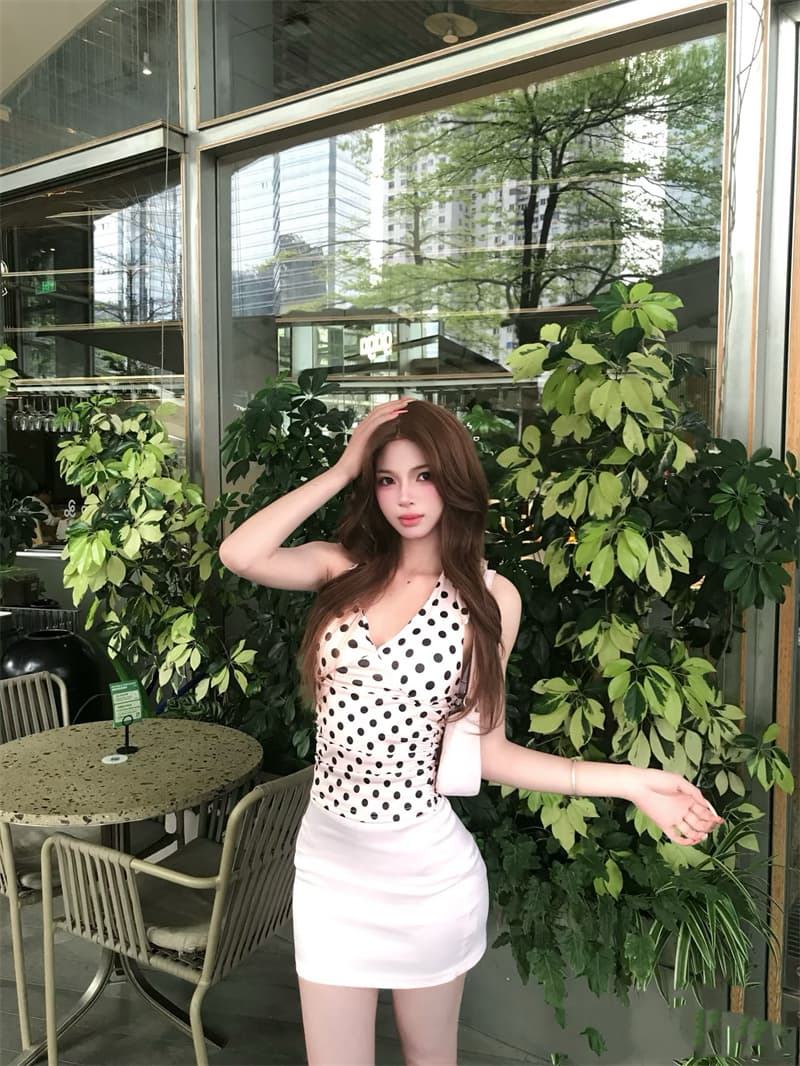 실사 순수한 욕망 섹시함 세트 여성 여름 새로운 도트 무늬 캐미솔 로우 웨이스트 반신 스커트 투피스 세트 상세 이미지 6