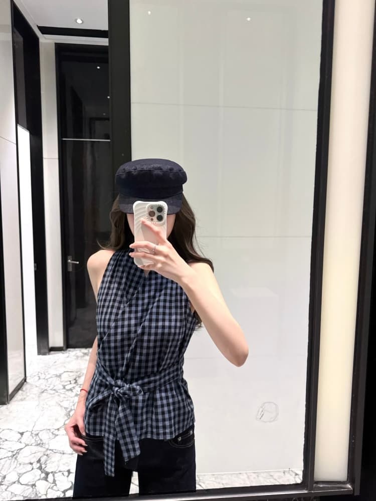 실사 한 부서 체크무늬 V넥 조끼 여성 스트랩 민소매 셔츠 몸매 가꾸기 슬림해 보이는 디자인 센스 맨위 이미지 3