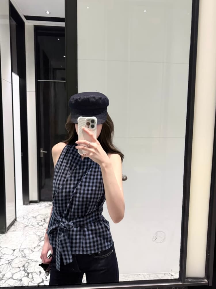 실사 한 부서 체크무늬 V넥 조끼 여성 스트랩 민소매 셔츠 몸매 가꾸기 슬림해 보이는 디자인 센스 맨위 상세 이미지 1