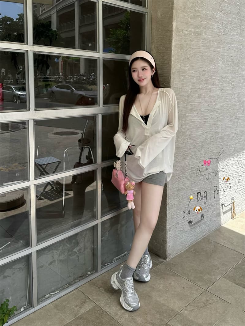 실사 얼음 실크 자외선 차단 긴팔 블라우스 티셔츠 여성 루즈핏 슬림해 보이는 느긋한 바람 스택 착용 맨위 이미지 2